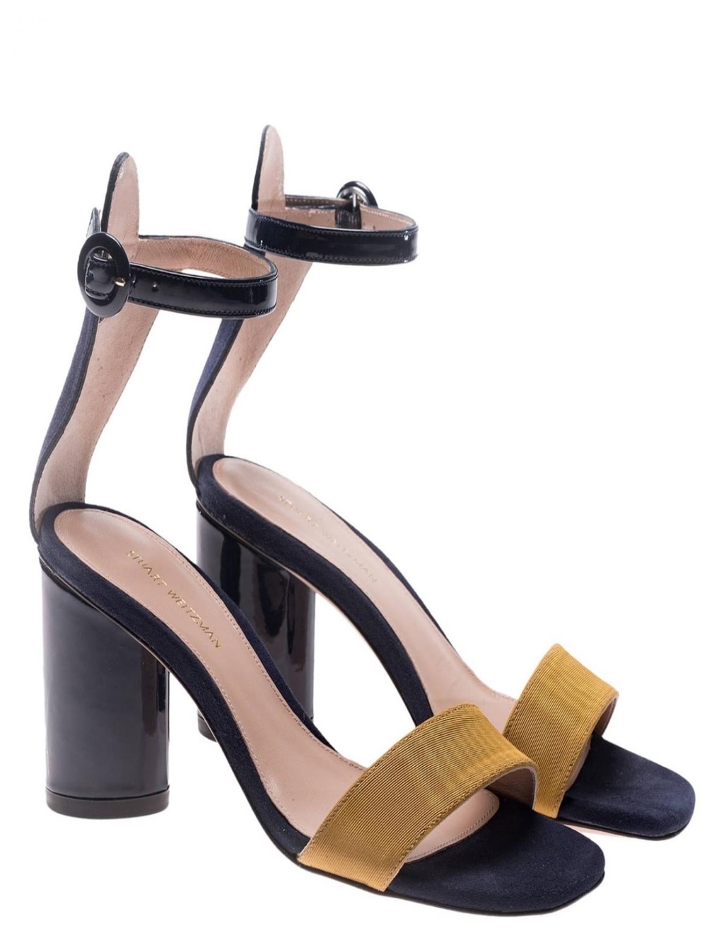 STUART WEITZMAN Kimly Navy and Yellow Ankle-Strap Block Heel Sandals, Size 9.